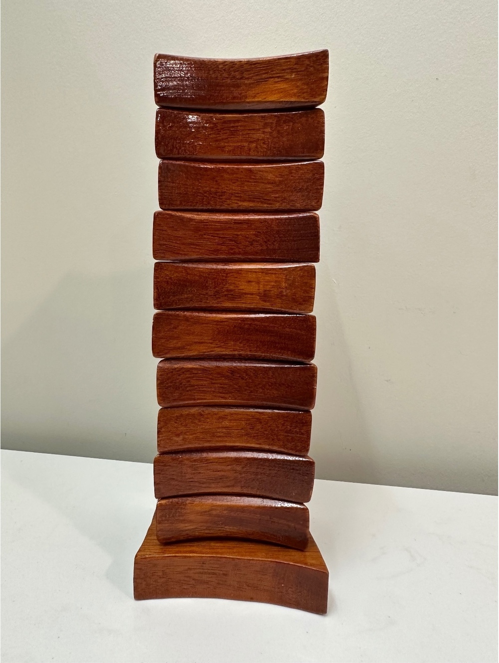 Vintage Mid-Century Modern Set of 10 Stacked Wooden Napkin Rings with 8.5" Stand